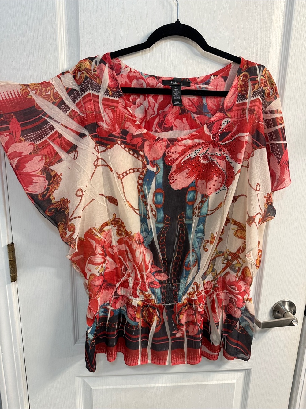 Style & Co. Red Floral Sheer Butterfly Sleeve Blouse with Cream and Blue Accents